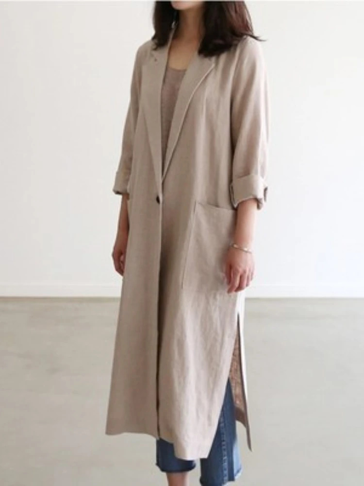 Womens Trench Coats Coat for Women Spring Autumn Korean Fashion Solid Lapel Side Slit Windbreak Long Jackets Clothing 231023