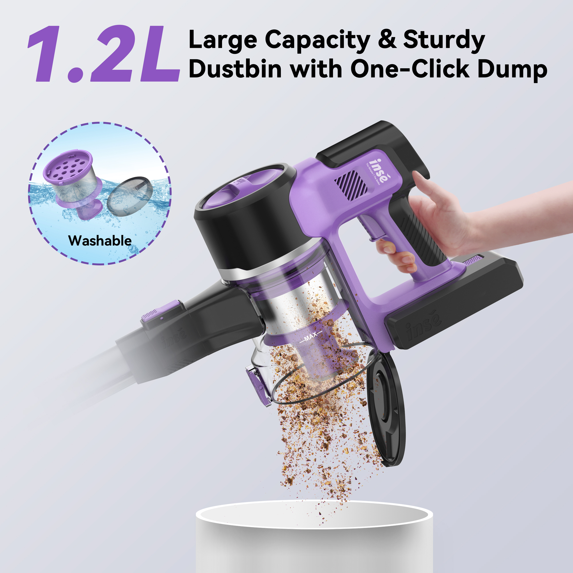 INSE S10P Cordless Vacuum Cleaner - 6-in-1 Stick Design with 26kPa Powerful Suction & Dual Battery System for Extended Use on Hard Floors (Purple)