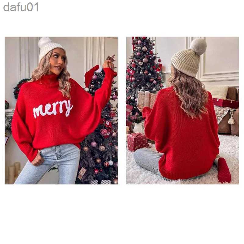 Women's Sweaters Fall Winter 2023 Sweater Women Holiday Red Merry Letters Loose Sweater Turtleneck Batwing Sleeve Pullover Tops Jumper 38916L2310