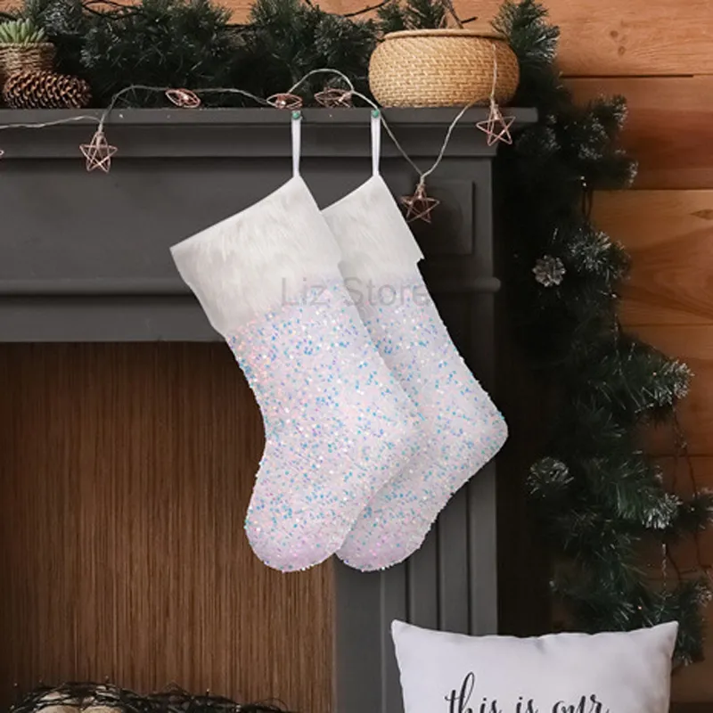 Sequin Stockings Xmas Children Candy Stocking Bag Christmas Tree Hanging Sequins Sock Home Party Decorations Soc