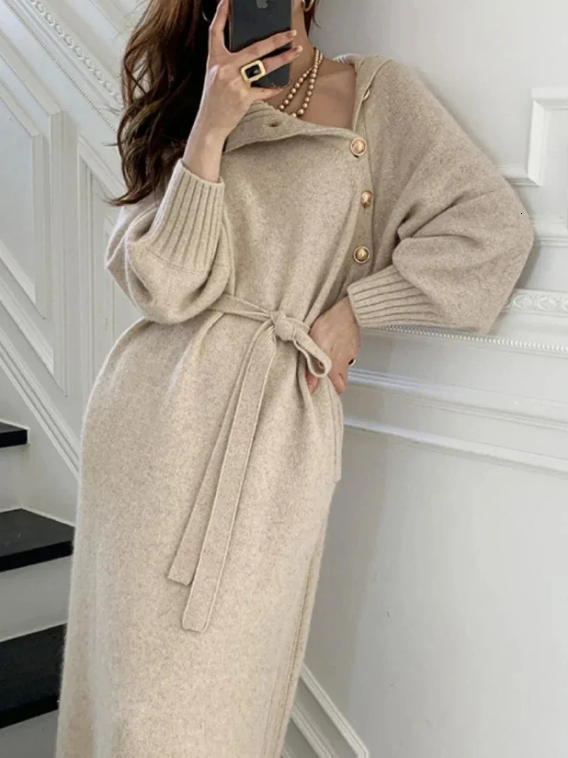Basic Casual Dresses Vintage Turtleneck Buttons Woman Long Sleeve Sweater Winter Loose Knitwear Warm Women Knitted Dress 231024 - view 5