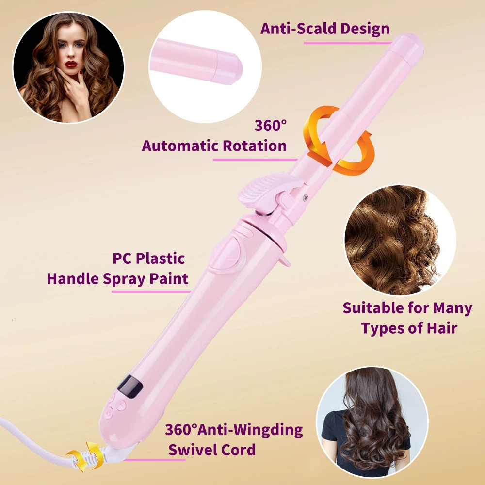 Curling Irons 1inch rotating curling iron LCD Ceramic Barrel Automatic Hair Curlers 25mm Roller Curls Wand Wave Styling Appliances 231023