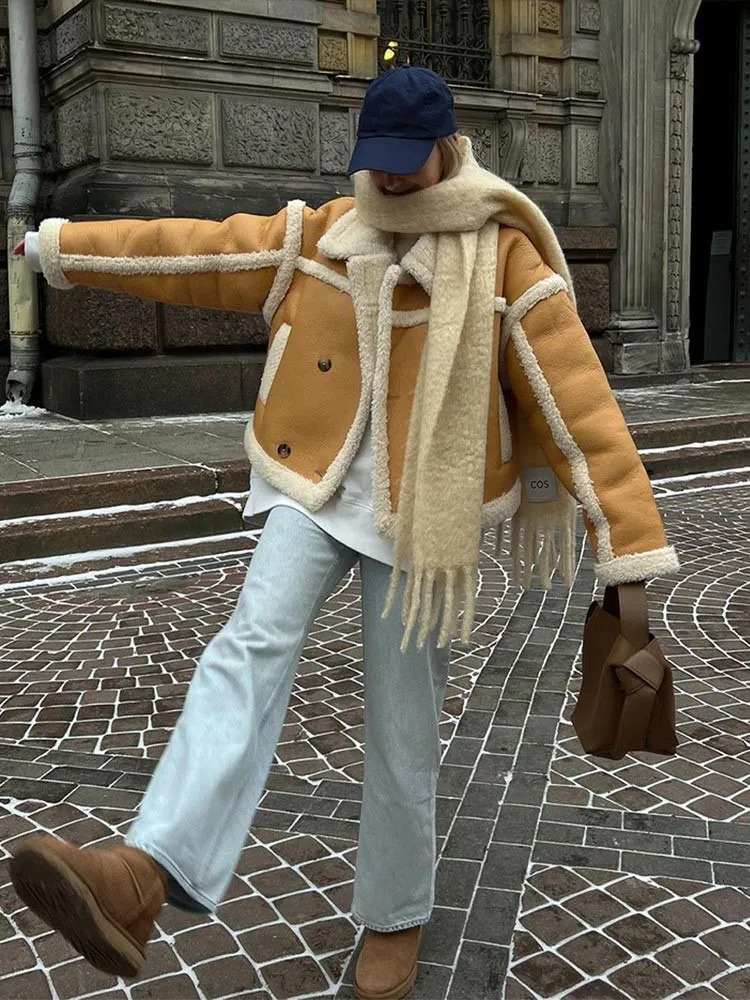 Womens Jackets Patchwork Pu Leather Lambs Wool Fur Cropped Jacket Women Lapel Collar Thicken Warm Short Coat Autumn Winter Lady Outwear 231024