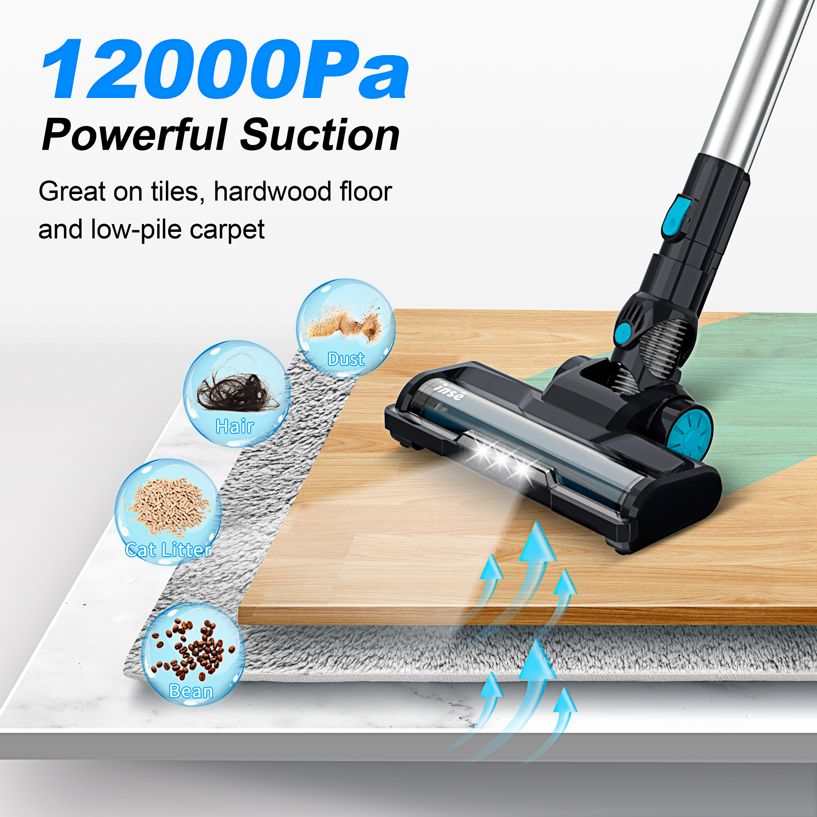 INSE Cordless Vacuum Cleaner, 6-in-1 Rechargeable Stick Vacuum, 45mins Runtime, Lightweight 2200mAh Battery Ultra-Quiet Multifunctional Vacuum Cleaner