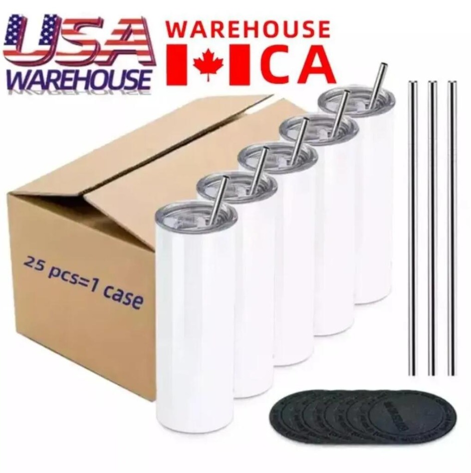 US CA Warehouse 50pcs/Carton 20oz Sublimation Tumblers Straight Blanks White 304 Stainless Steel Vacuum Insulated Slim DIY Cup Car Coffee Mugs Party G