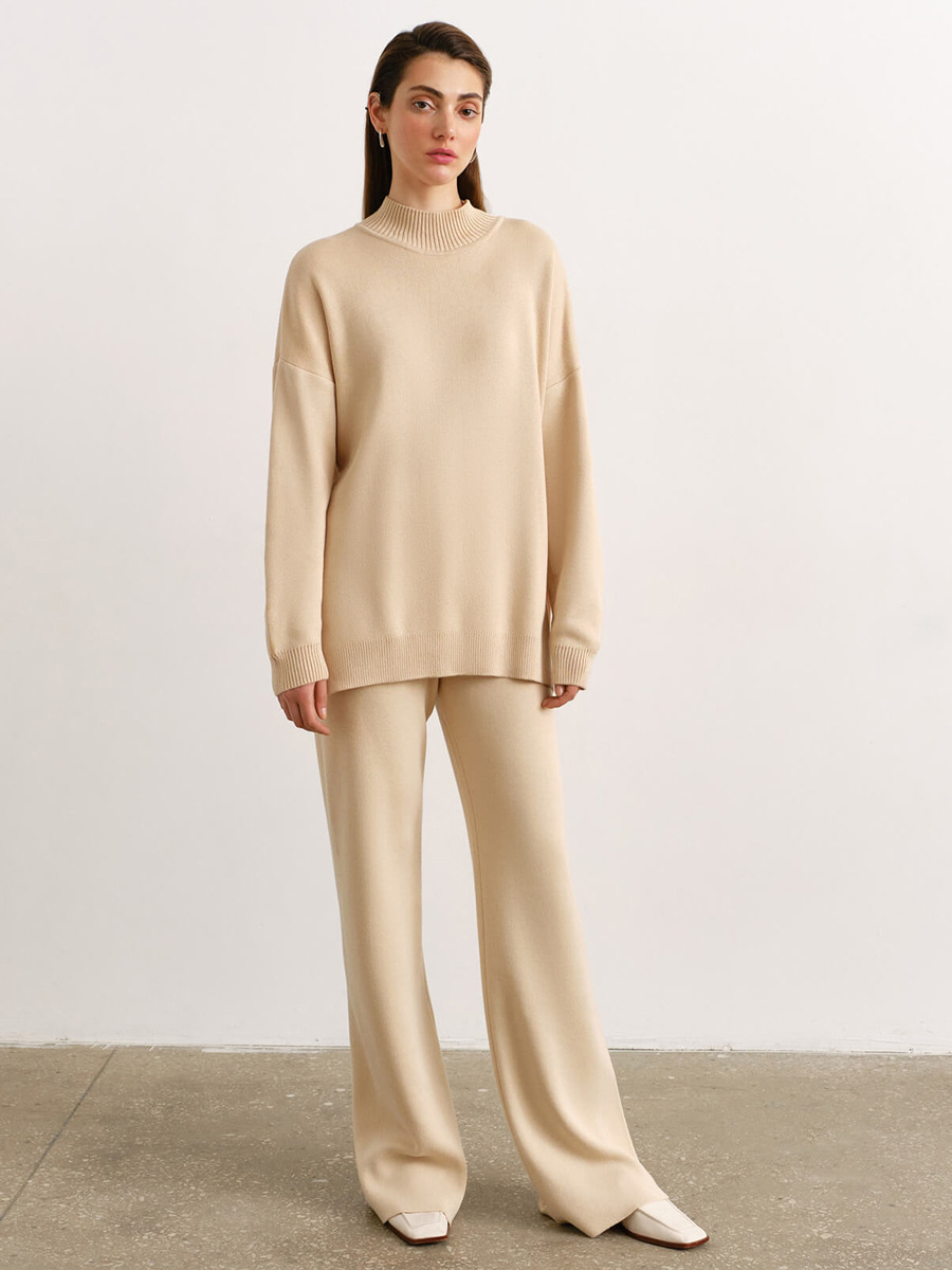 Solid Color Knitted High Neck Slit Sweater Casual Lazy 2-Piece Tracksuit Set