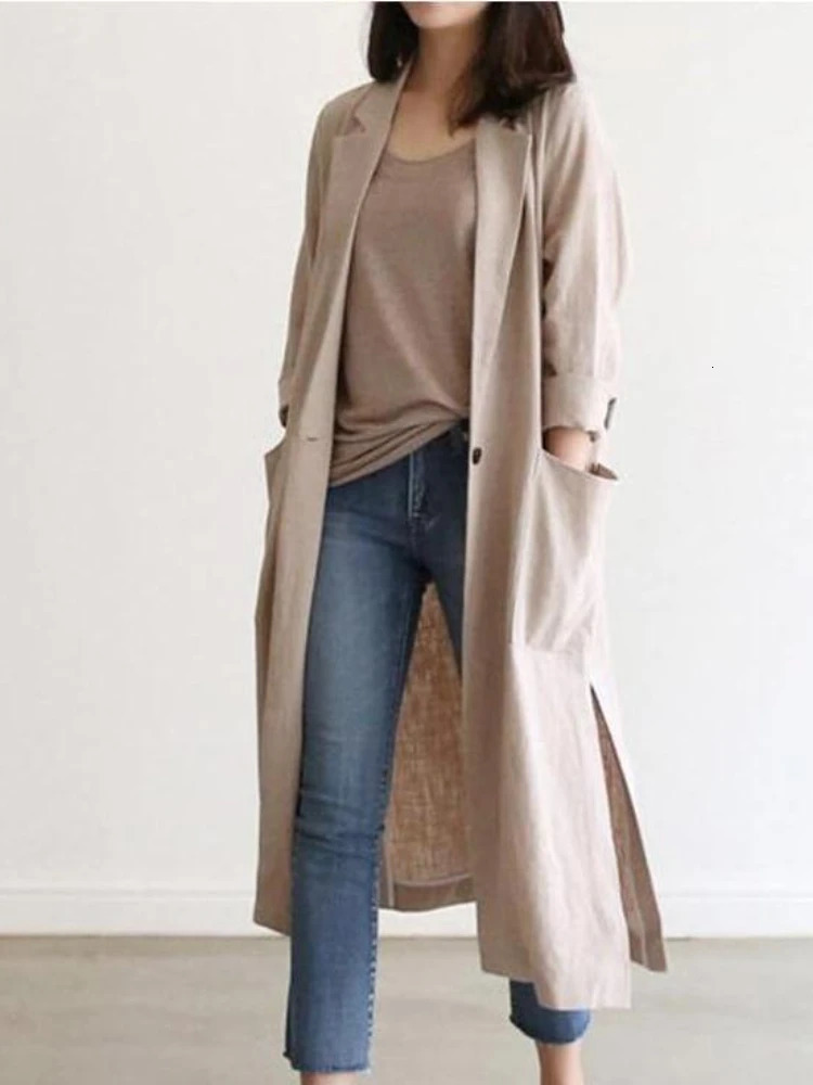 Womens Trench Coats Coat for Women Spring Autumn Korean Fashion Solid Lapel Side Slit Windbreak Long Jackets Clothing 231023
