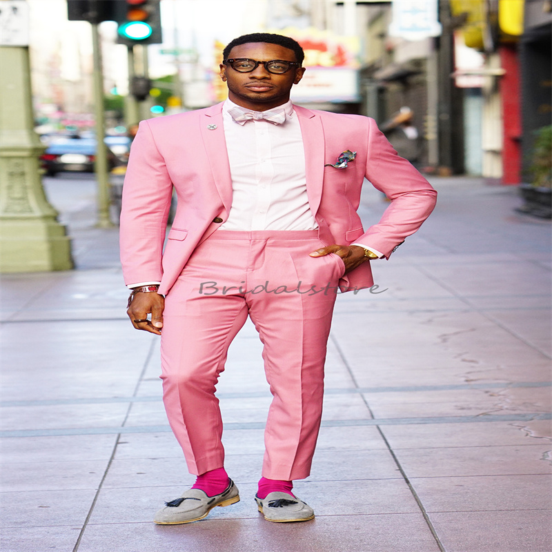 Slim Pink Wedding Tuxedos Lapel Two Pieces Men Blazers Custom Made Waistcoat Fitted Groom Men Boho Wedding Suits Causal Prom Groom Suit Evening Dinner