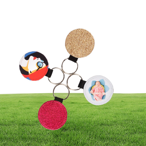 PU Leather Sublimation Keychain Home Blanks Heat Transfer Round Shape Glitter Backside Keyring DIY Gift1207667