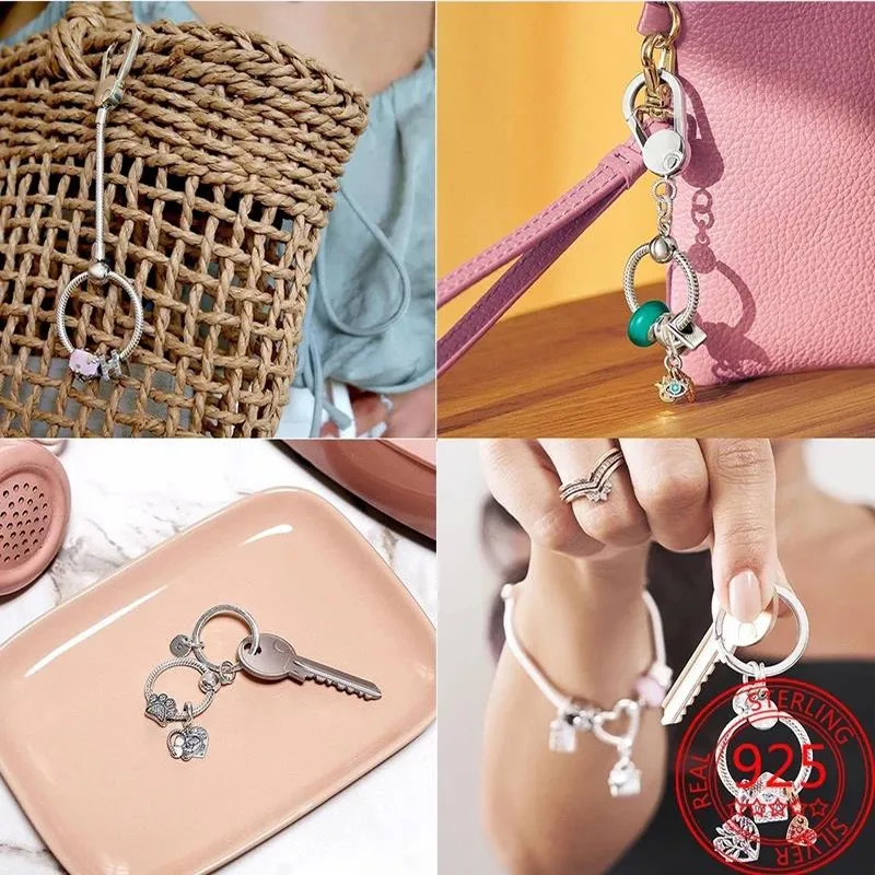 Charms 925 Sterling Silver Moment Key Ring Small Bag Heart Charm Holder Fit S925 Snake Charm For Women Jewelry Keychain