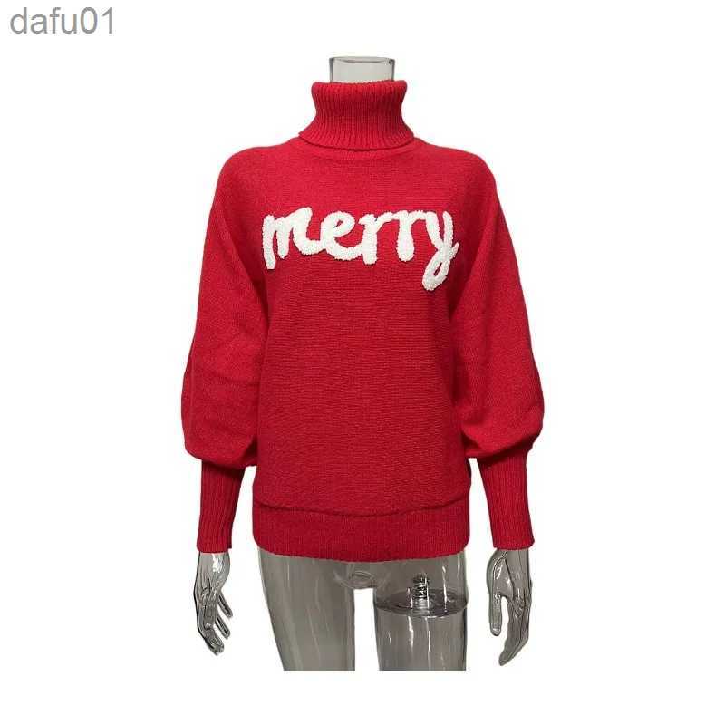 Women's Sweaters Fall Winter 2023 Sweater Women Holiday Red Merry Letters Loose Sweater Turtleneck Batwing Sleeve Pullover Tops Jumper 38916L2310