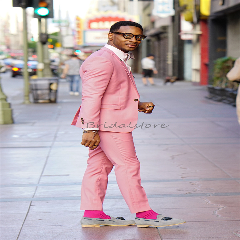 Slim Pink Wedding Tuxedos Lapel Two Pieces Men Blazers Custom Made Waistcoat Fitted Groom Men Boho Wedding Suits Causal Prom Groom Suit Evening Dinner