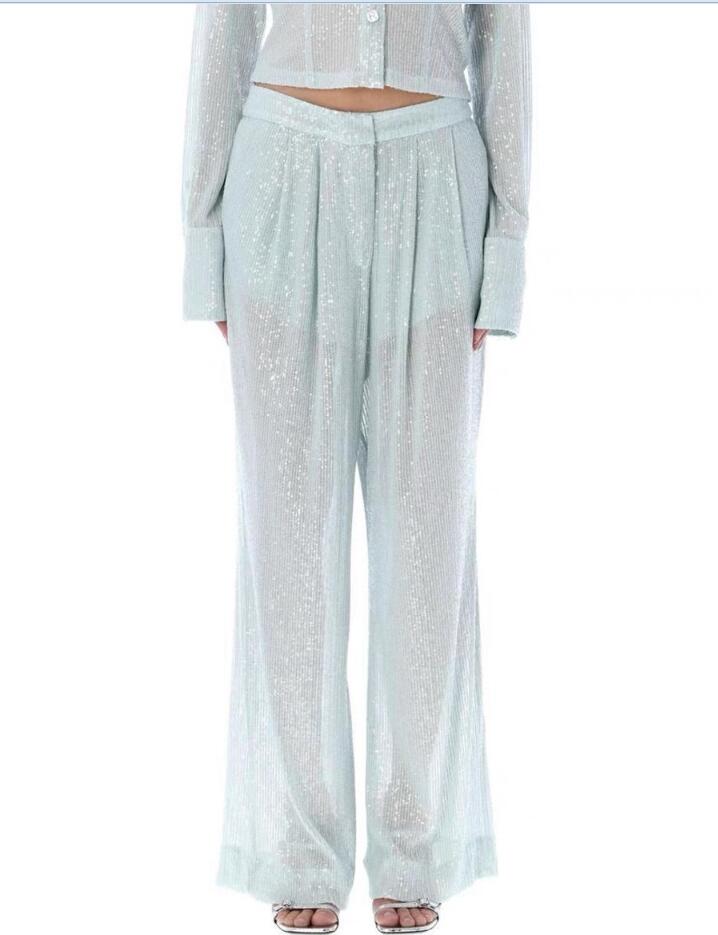 Lingshan Sa-Qu-n design sense, niche, slightly transparent, short blue sequin wide leg pants, women's summer new style