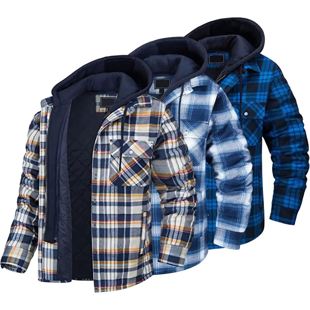 Mens Down Parkas Winter Hooded Jacket Drawcord Fashion Thickened Cotton Windproof Plaid Shirt Casual Travel Jack 231024