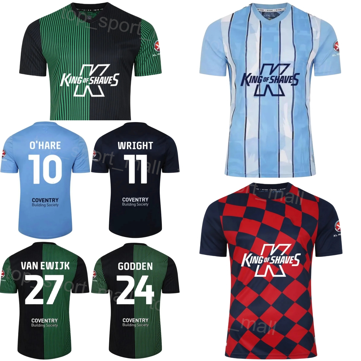 23 24 Club Team FC Soccer 11 Haji Wright Jersey Coventry City 24 Matthew Godden 1 Simon Moore 6 Liam Kelly 28 Josh Eccles 9 Ellis Simms Football Shirt Kits Blue Red Black