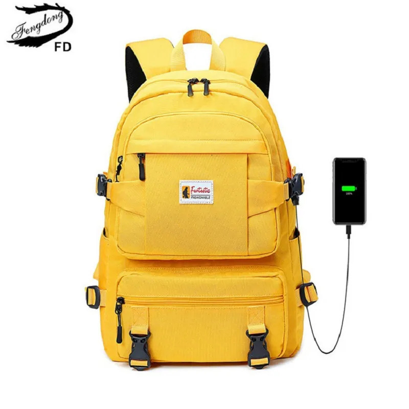 School Bags Fengdong fashion yellow backpack children school bags for girls waterproof oxford large teenagers schoolbag 231024
