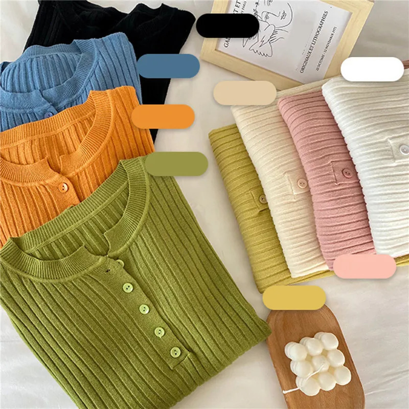 Womens Sweaters Women Cute Button Up ONeck Long Sleeve Pullovers Autumn Knitted Bottoming Shirts Korean Single Breasted Undercoat Tops 231024
