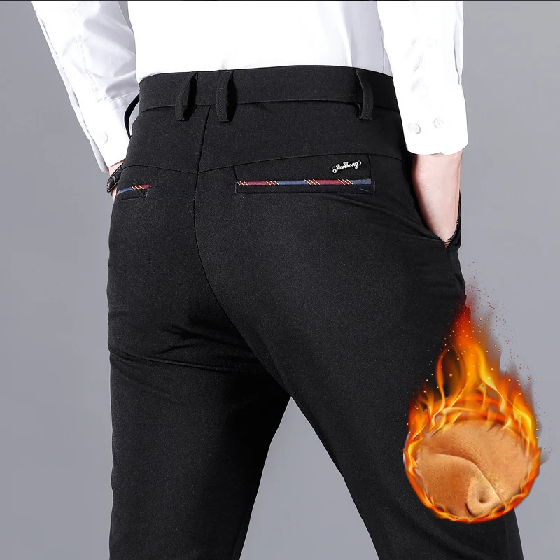 Mens Pants Winter Thickened Fleece Casual Warm Straight Tube Antiwrinkle Noniron Business Solid Color Suit Trousers Male 231024