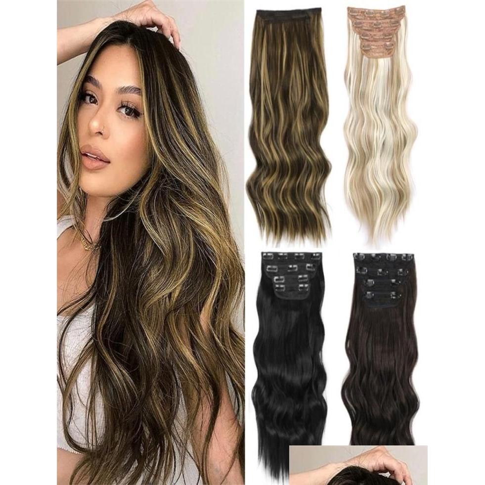 In/On Aisi Hair Synthetic 4Pcs/Set Long Wavy Extensions Clip In Ombre Blonde Dark Brown Thick Pieces W22040198976 Otptr