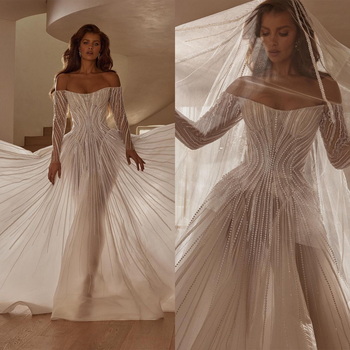 Illusion Off The Shoulder A e Wedding Dress or Length Pearls Saudi Arabic Full Sleeve Bridal Gown Custom Made