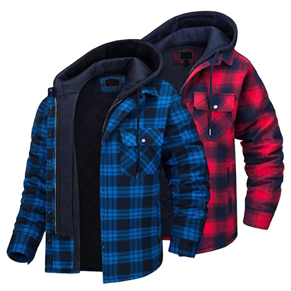 Mens Down Parkas Winter Hooded Jacket Drawcord Fashion Thickened Cotton Windproof Plaid Shirt Casual Travel Jack 231024