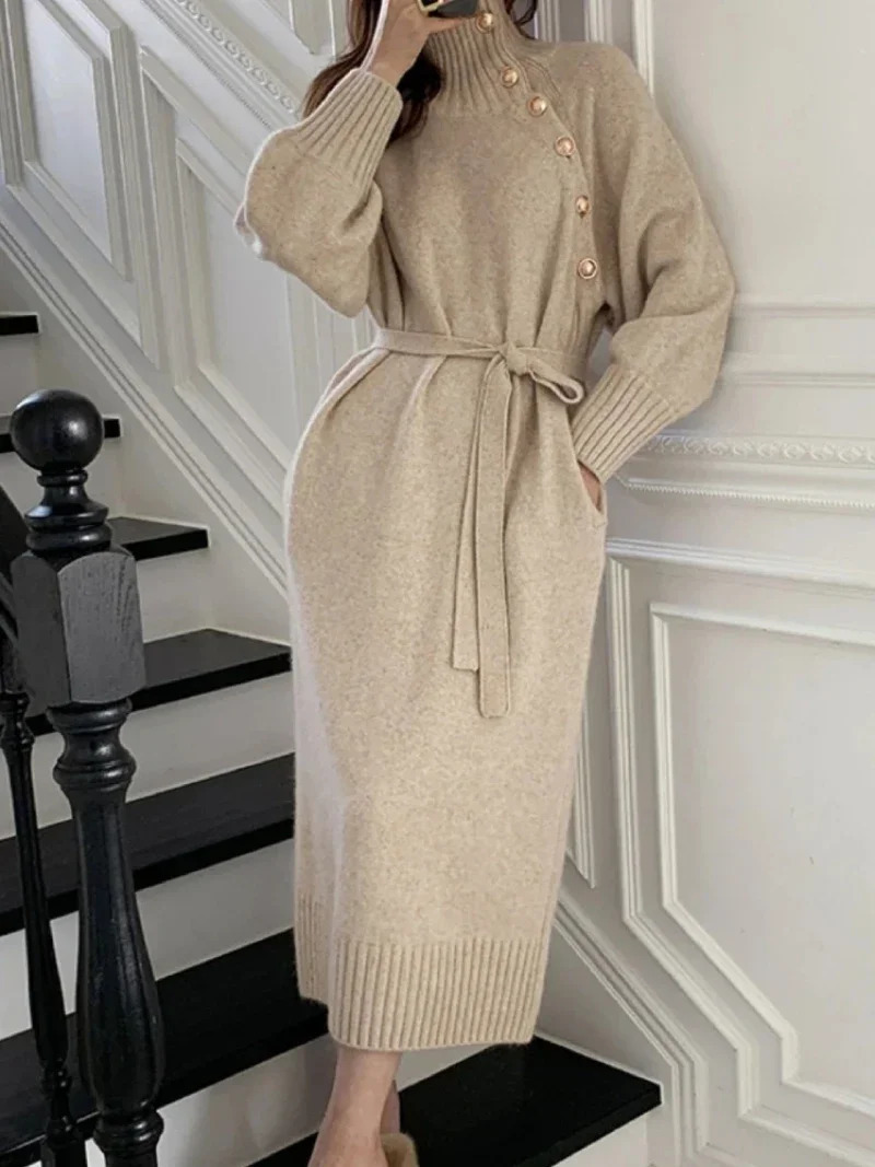 Basic Casual Dresses Vintage Turtleneck Buttons Woman Long Sleeve Sweater Winter Loose Knitwear Warm Women Knitted Dress 231024 - view 3