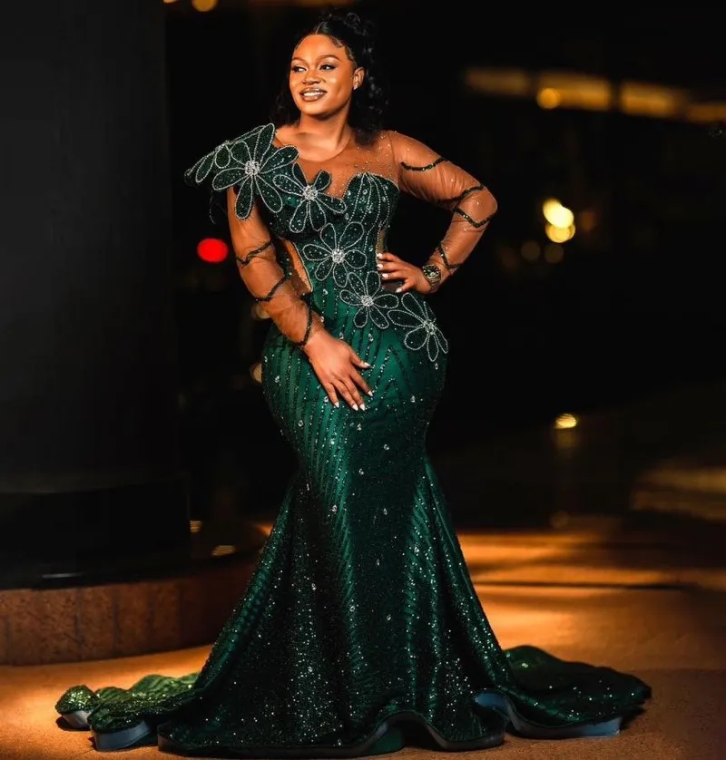 Green Mermaid Dresses Long Sleeves Beading African Women Sequin Prom Gowns Aso Ebi Bridal Guest Party Wear 6660306