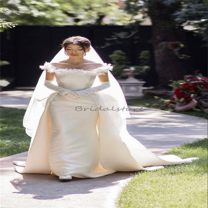 Dubai Mermaid Minimalist Wedding Dress With Detachable Train Fairytale Off Shoulder Civil Garden Bridal Dress 2024 Boho Flower Bride Vestido De Noiva 