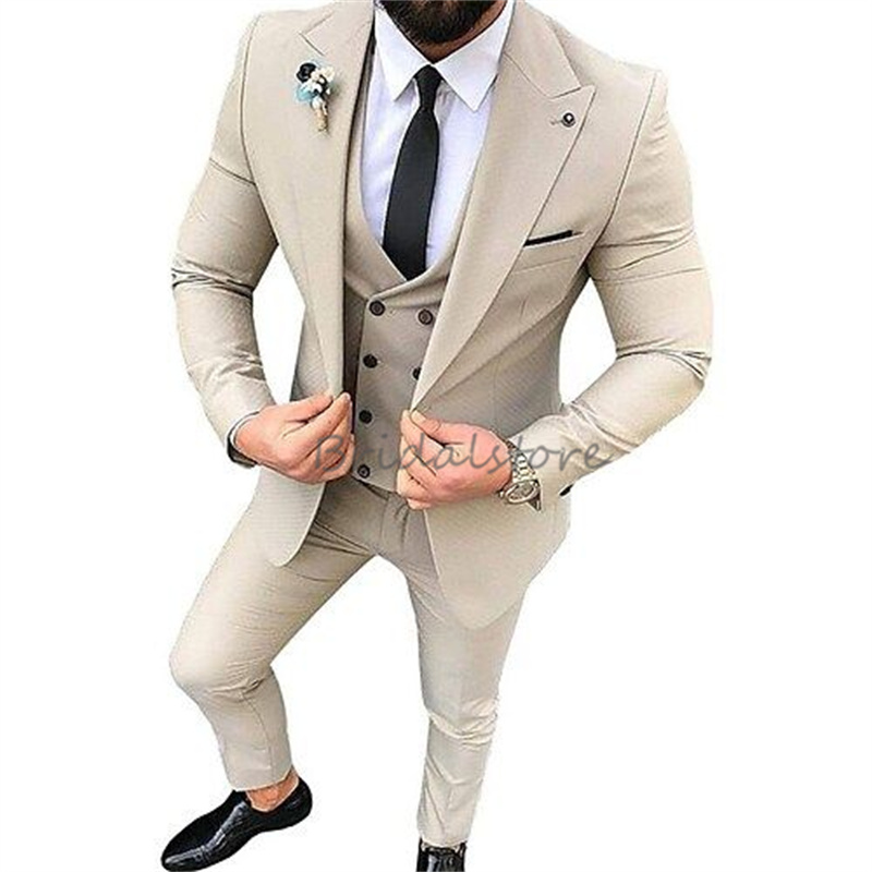 Solid Green Slim Wedding Tuxedos Peakes Lapel Three Pieces Masculino Blazer Waistcoat Fit Male Formal Prom Boutique Men Suits Handsome Jacket Pants Ve