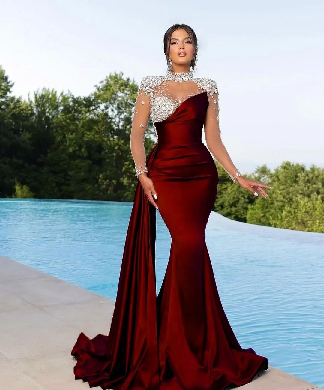 Purple Prom Formal Dress Women 2024 High Neck Crystal Beads Long Illusion Sleeves Draped Train Elegant Evening Party Gowns Vestidos De Gala