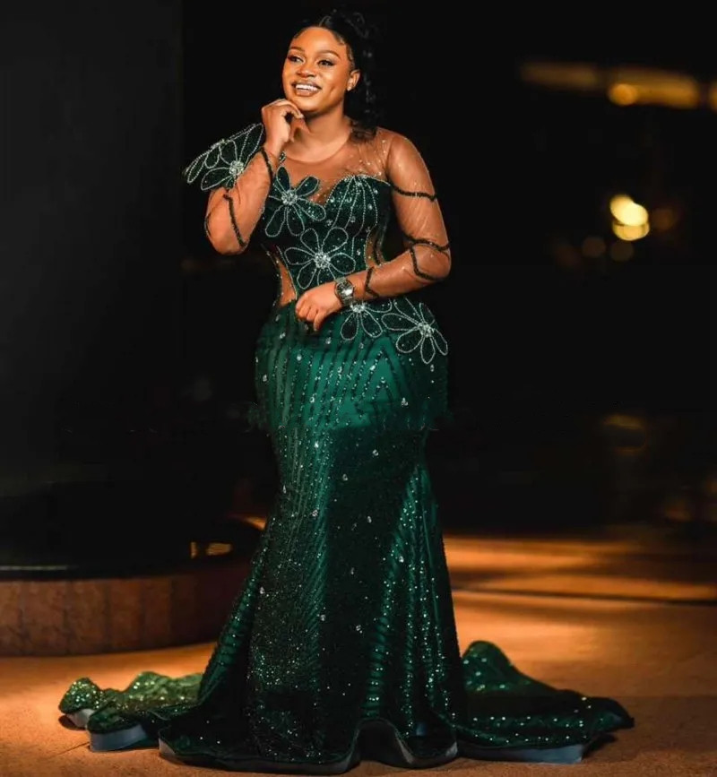 Green Mermaid Dresses Long Sleeves Beading African Women Sequin Prom Gowns Aso Ebi Bridal Guest Party Wear 6660306