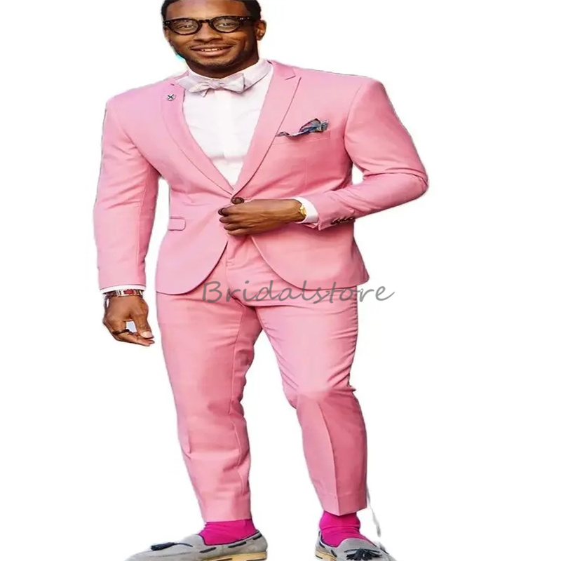 Slim Pink Wedding Tuxedos Lapel Two Pieces Men Blazers Custom Made Waistcoat Fitted Groom Men Boho Wedding Suits Causal Prom Groom Suit Evening Dinner
