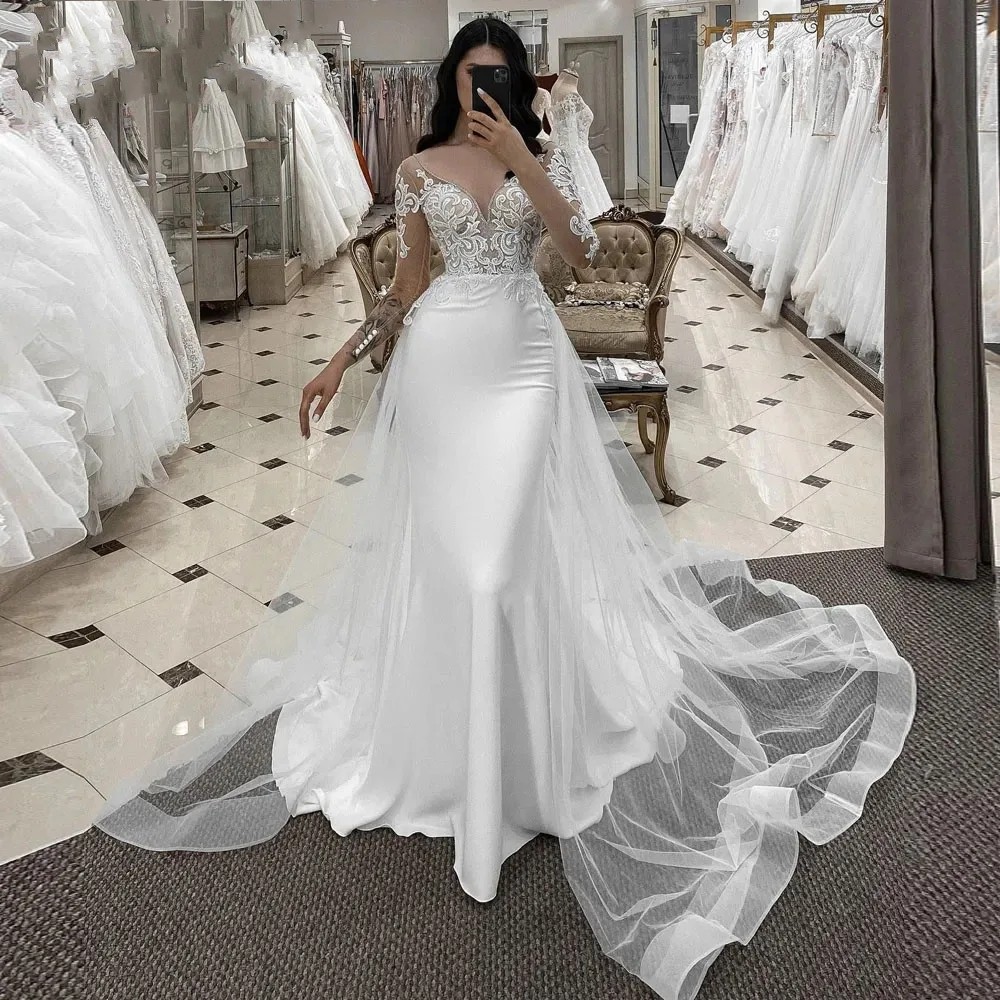 Wedding Mermaid Dresses With Detachable Tulle Train V Neck Long Sleeves Women Lace Applique Bride Gown Robe De Mariage