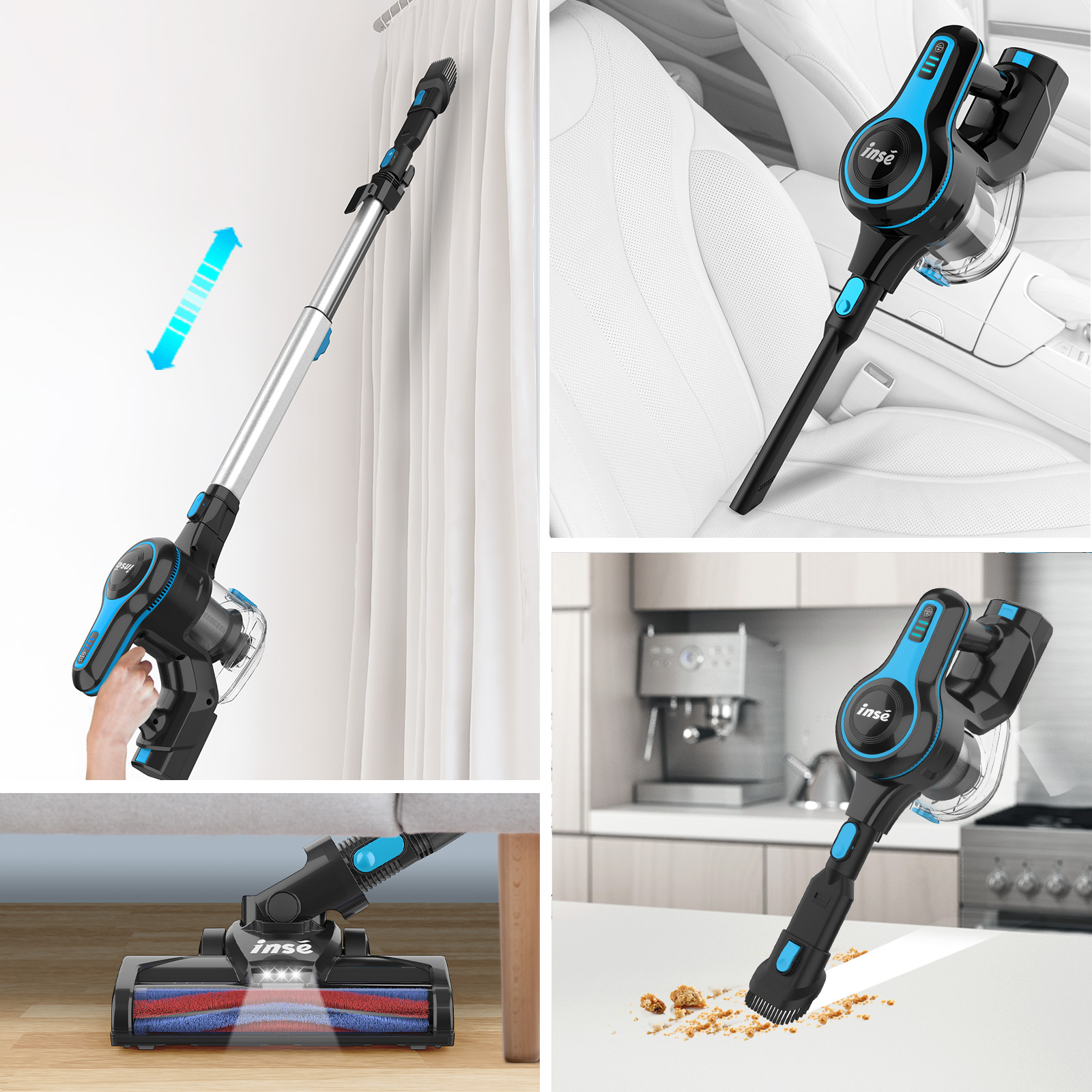 INSE Cordless Vacuum Cleaner, 6-in-1 Rechargeable Stick Vacuum with 2200 m-A-h Battery, Powerful Lightweight Vacuum Cleaner, Up to 45 Mins Runtime for