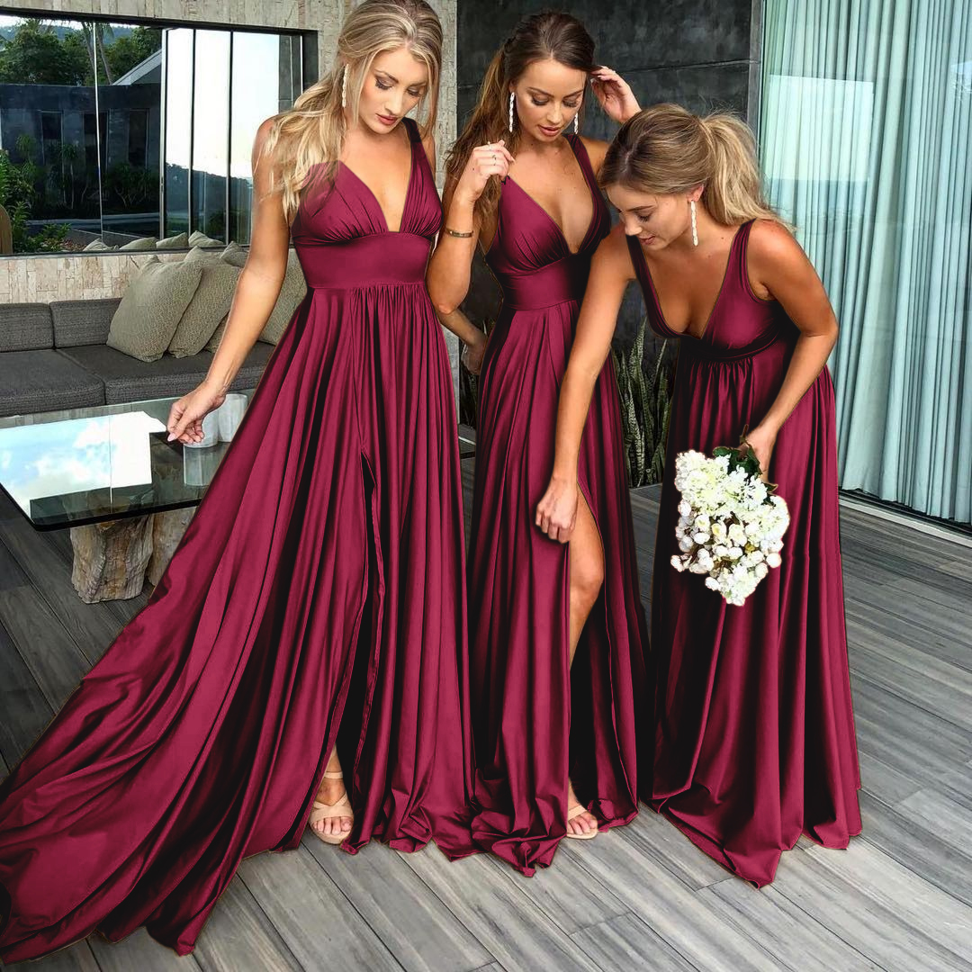 Bridesmaid Colors Dresses Women Sister Group Dress Sexy Split V Neck Backless Sleeveless Formal Wedding Evening Party Gowns