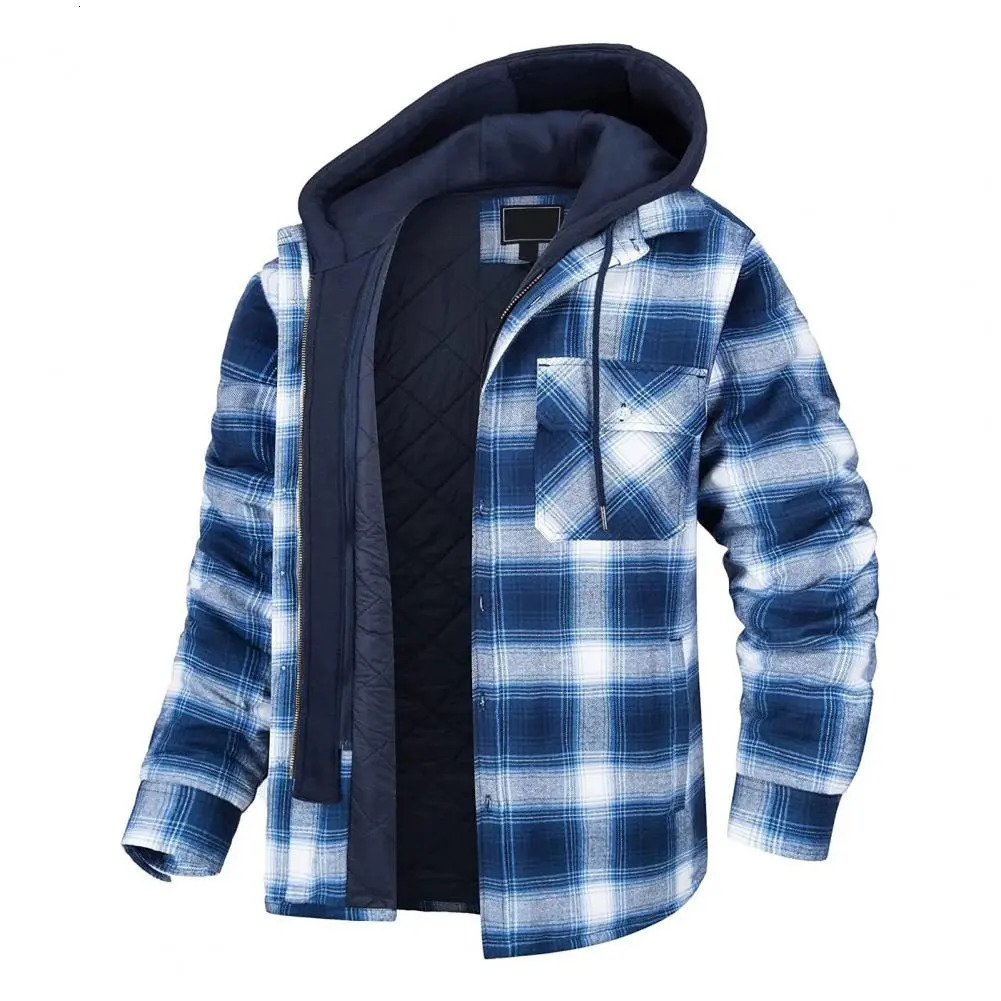 Mens Down Parkas Winter Hooded Jacket Drawcord Fashion Thickened Cotton Windproof Plaid Shirt Casual Travel Jack 231024
