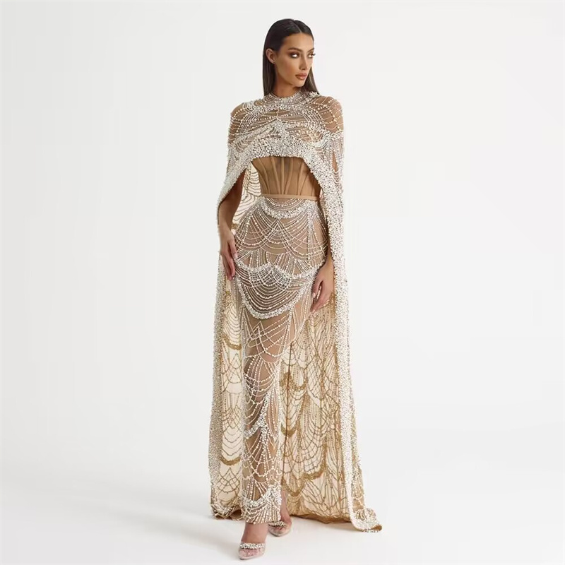 Pearls Dubai Champagne Evening Dresses with Cape 2023 New Arabic Women Mermaid Party Prom Dress