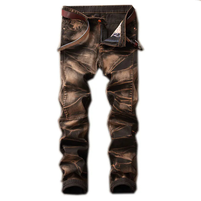 Mens Jeans High Quality Men Casual Coated Slim Straight Pleated Biker Pants Male Denim Plus Size 42 231024