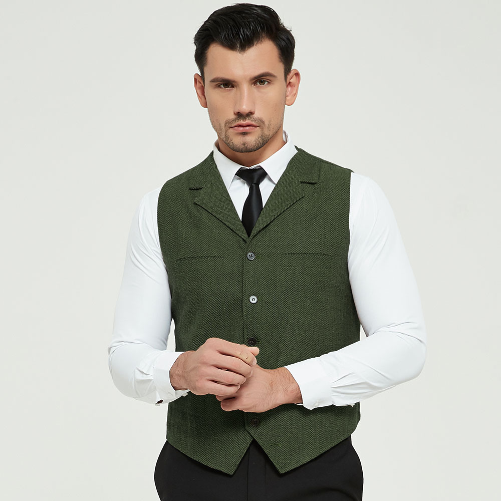 Chic Green Groom Vests Wool Herringbone Tweed Groomsmen Vest Slim Fit Mens Dress Suit Vest Prom Dinner Party Wedding Attire Waistcoat Custom Made Chea