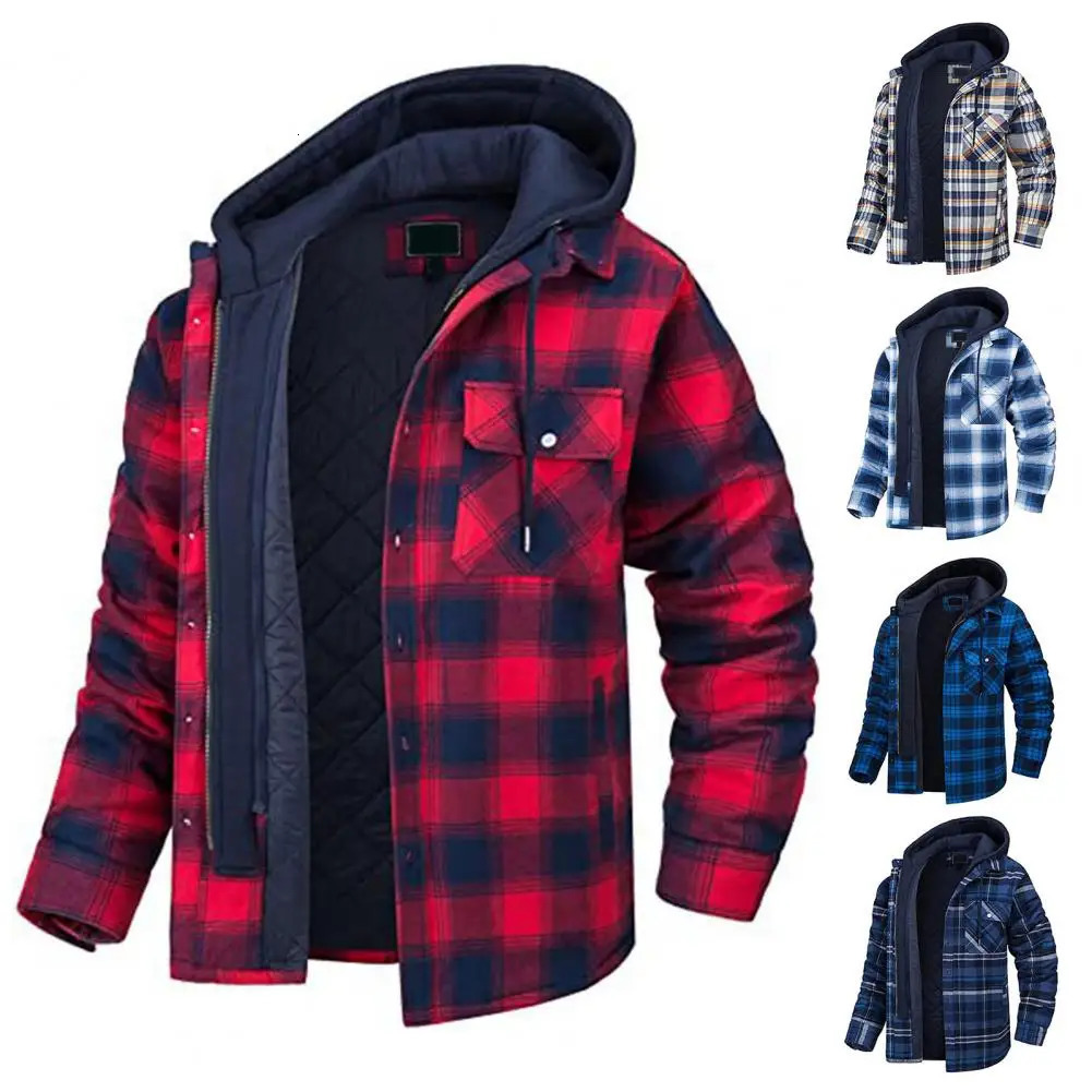 Mens Down Parkas Winter Hooded Jacket Drawcord Fashion Thickened Cotton Windproof Plaid Shirt Casual Travel Jack 231024