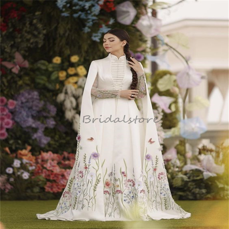 Muslimah Embroidery Wedding Dress Caucasian With Cape 2024 Caftan Moroccan Turkish Colorful Malay Bride Dres Georgian Bridal Vestido De Noiva Casament