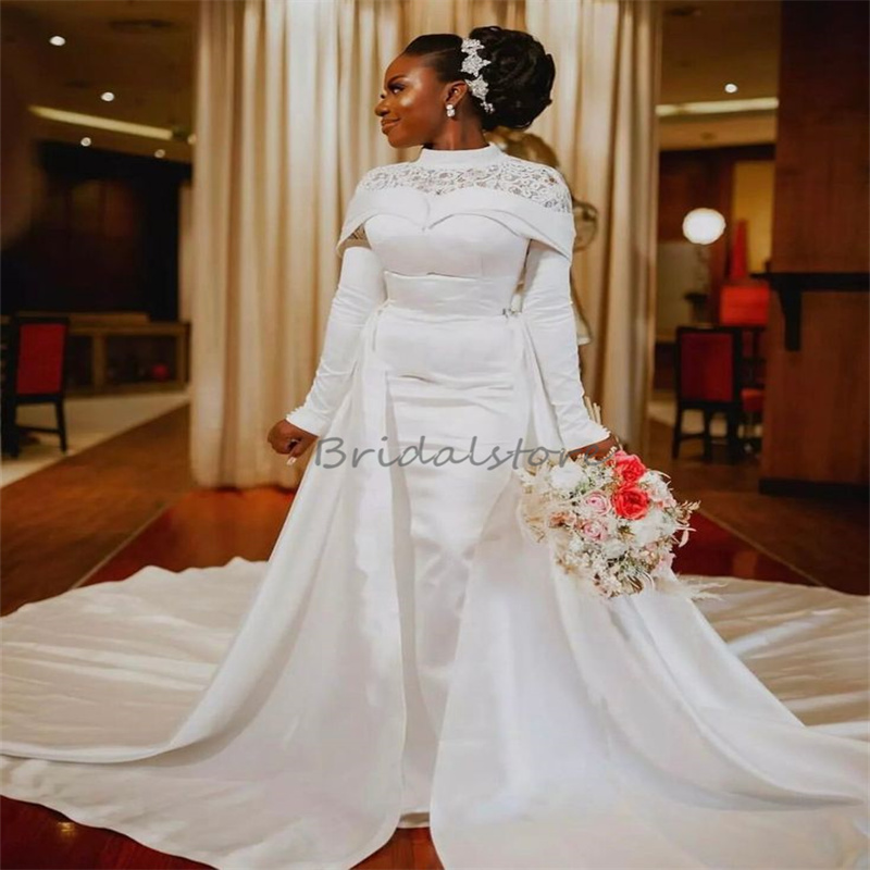 Nigeria African White Wedding Dress With Removeable Skrit Muslimah Long Sleeve 2 in 1 Lace Bridal Gowns Convertibles Rustic Country Vestido De Noiva C