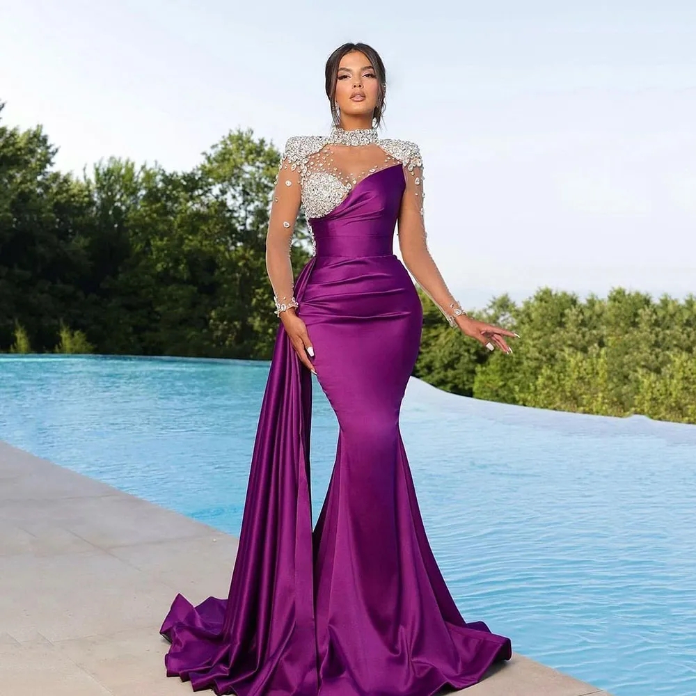 Purple Prom Formal Dress Women 2024 High Neck Crystal Beads Long Illusion Sleeves Draped Train Elegant Evening Party Gowns Vestidos De Gala