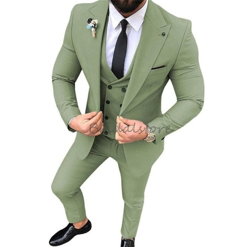 Solid Green Slim Wedding Tuxedos Peakes Lapel Three Pieces Masculino Blazer Waistcoat Fit Male Formal Prom Boutique Men Suits Handsome Jacket Pants Ve