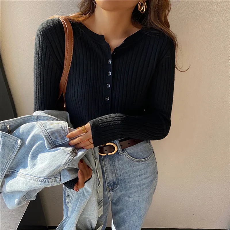 Womens Sweaters Women Cute Button Up ONeck Long Sleeve Pullovers Autumn Knitted Bottoming Shirts Korean Single Breasted Undercoat Tops 231024
