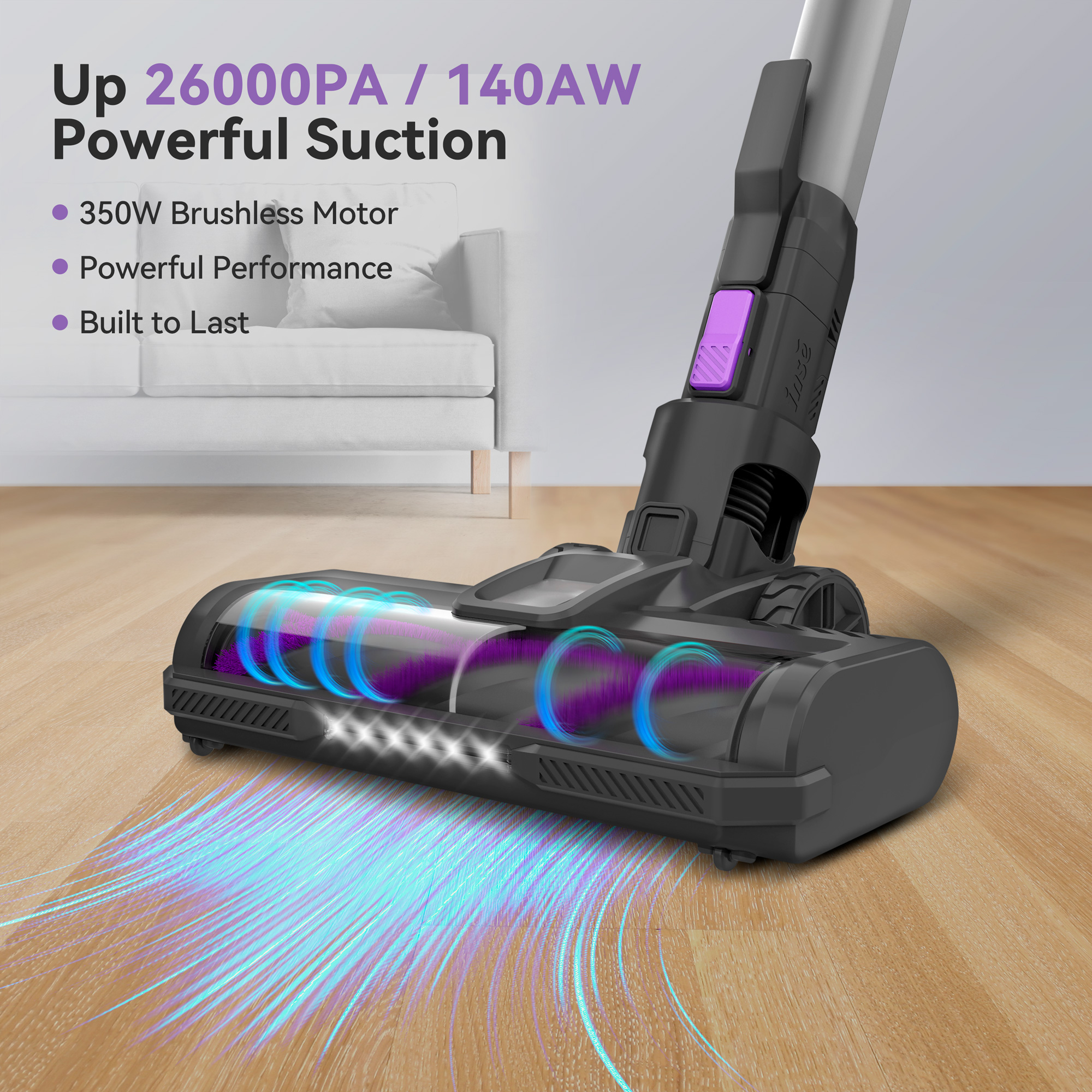 INSE S10P Cordless Vacuum Cleaner - 6-in-1 Stick Design with 26kPa Powerful Suction & Dual Battery System for Extended Use on Hard Floors (Purple)