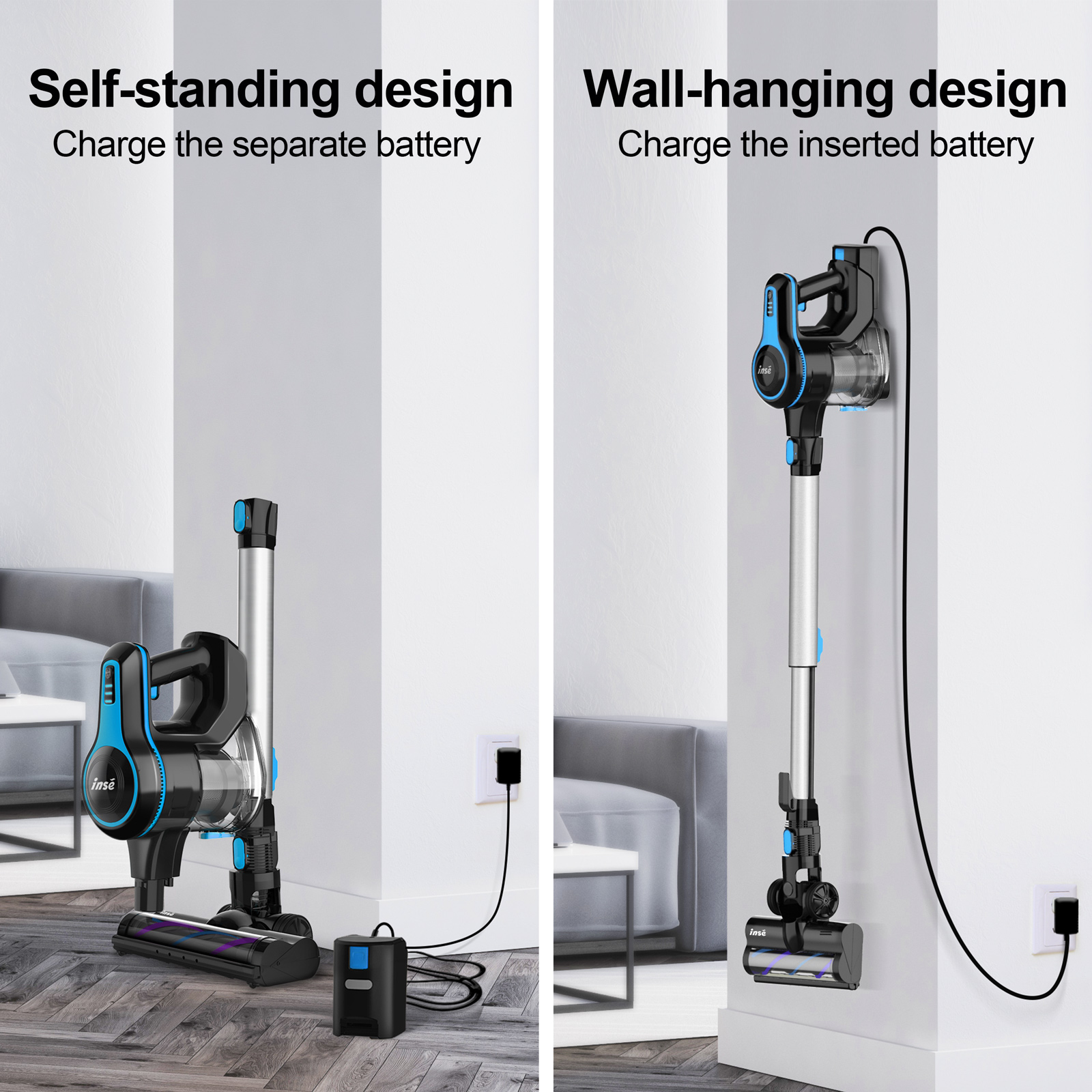 INSE Cordless Vacuum Cleaner, 6-in-1 Rechargeable Stick Vacuum with 2200 m-A-h Battery, Powerful Lightweight Vacuum Cleaner, Up to 45 Mins Runtime for