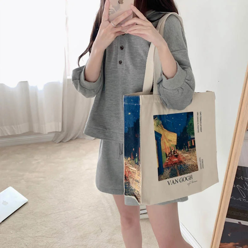 Evening Bags Poetry Lif Van Gogh coffee house Classic Thick Cotton Canvas Bag Style Zipper Single Shoulder Shopping Tote bag 231024