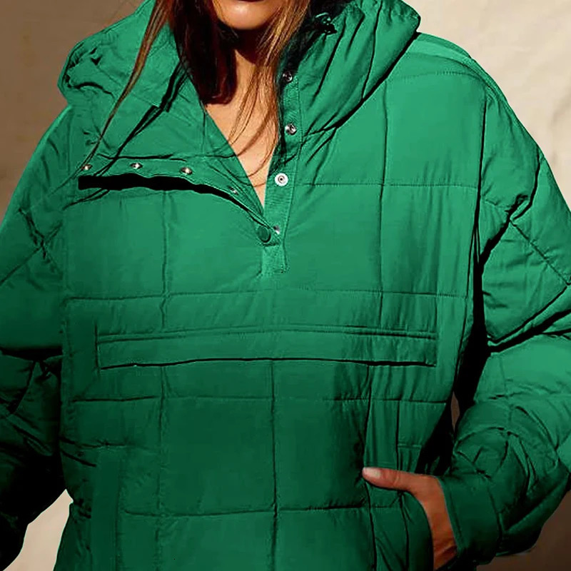Womens Down Parkas Autumn Winter Solid Color Padded Jacket For Women Fashion Pockets Long Sleeves Hooded Pullovers Japanese And Korean Casual Coats 23