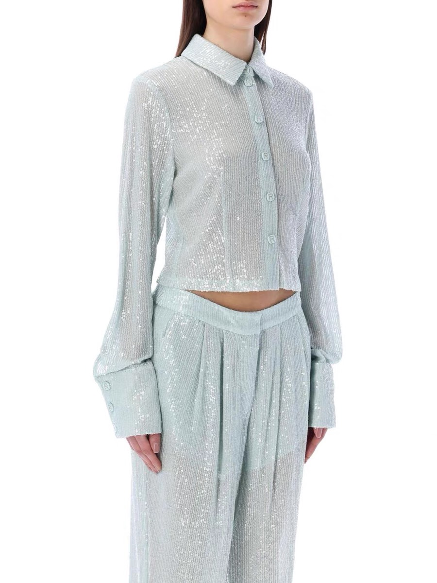 Lingshan Sa-Qu-n design sense, niche, slightly transparent, short blue sequin wide leg pants, women's summer new style